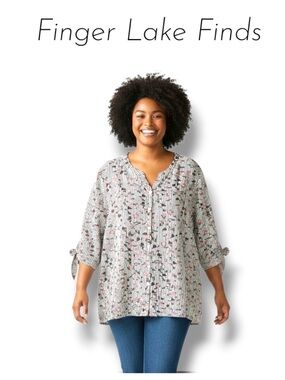Catherines Black & White Striped Floral Blouse, 3X